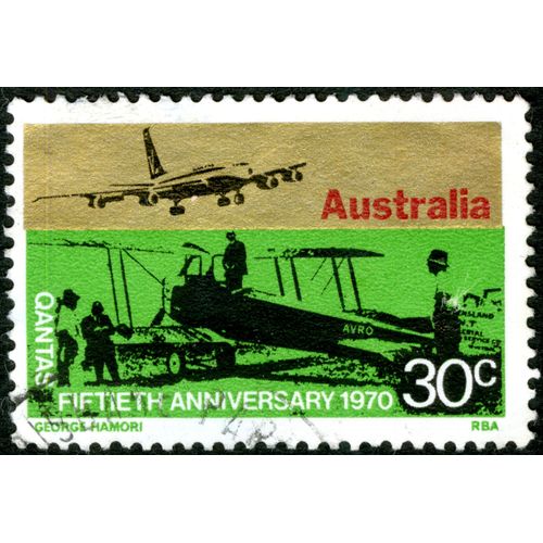 Timbre Oblitéré Australia, Qantas, Fiftieth Anniversary 1970, 30 C
