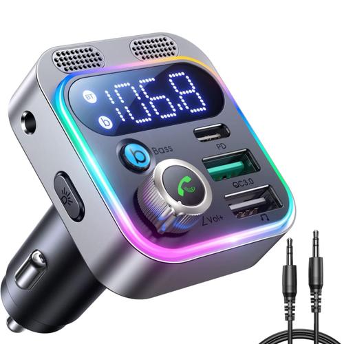 Transmetteur FM Bluetooth 5.3 Voiture, [Dual Micros & HiFi Deep Bass] Rapide 48W PD&QC3.0 Transmetteur FM, Appels Mains Libres, Adaptateur Radio Lecteur de Musique MP3 Support Connexion Auxiliaire/USB