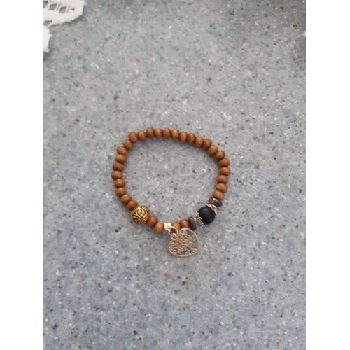 Bracelet Perle Bois Breloque Coeur Arbre De Vie Femme