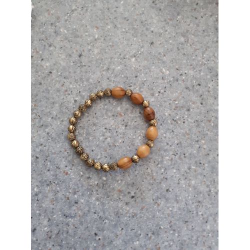 Bracelet Perle Bois Doré Ciselé Et Bois Marron Femme