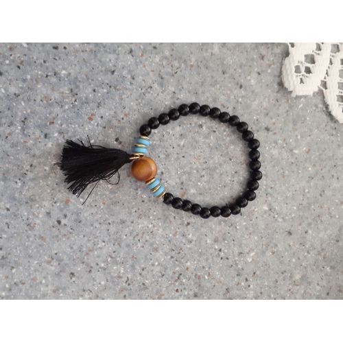 Bracelet Perle Bois Noir Et Turquoise