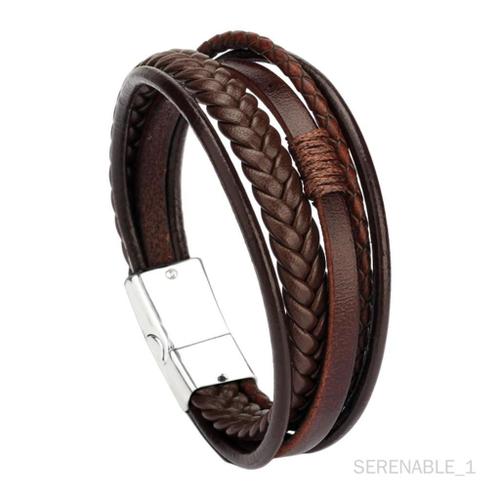 Serenable Bracelet Homme En Cuir Pu Tressé Bracelet Manchette 20 Cm 8,3 ", Doux Et Confortable À Porter Métal Argenté Marron