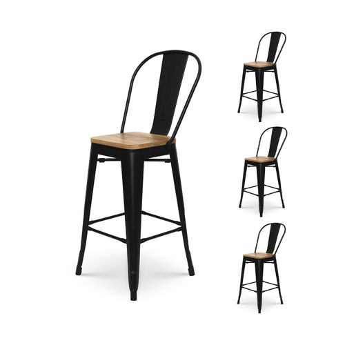 Kosmi - Lot De 4 Tabourets De Bar En Métal Noir Mat Style Industriel Avec Dossier Haut Et Assise En Bois Clair - Hauteur 66cm