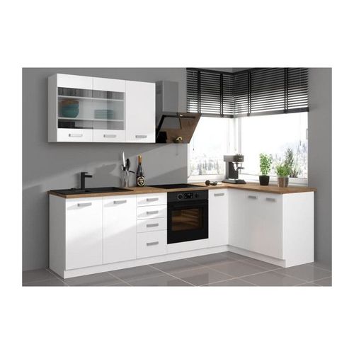 Atlas Cuisine Complete D'angle 8 Éléments (Reversible Droit / Gauche) - Décor Blanc - L270 Cm - Plan De Travail Non Inclus