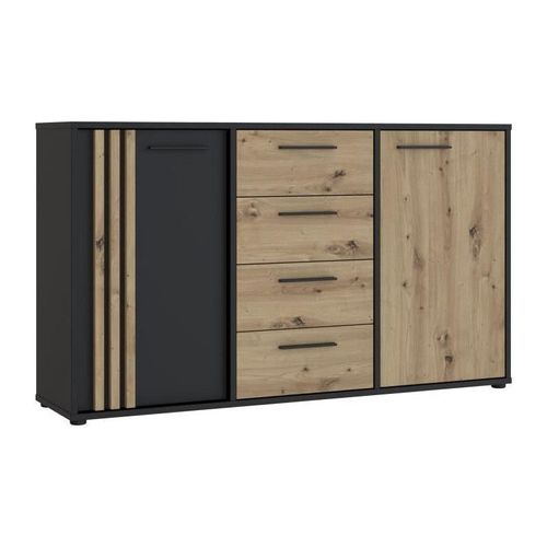 Buffet Cardigan 2 Portes, 4 Tiroirs - Décor Chene Artisan Et Noir - L142,6 X P34,2 X H82,3 Cm - Poignées En Métal Noir