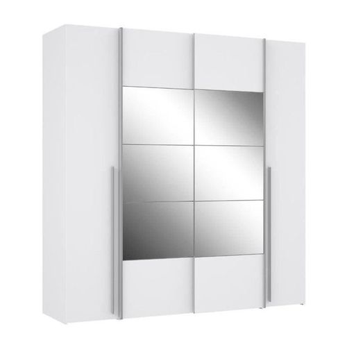 Armoire Narago - Décor Blanc Mat - 2 Portes Coulissantes + Miroir + 2 Portes Battantes + 2 Penderies - L200 X P61 X H210 Cm