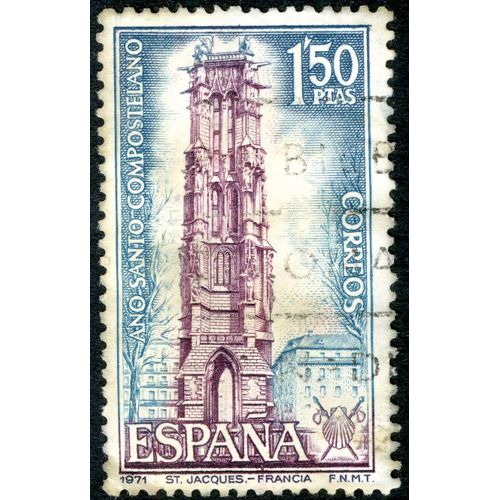 Timbre Oblitéré Espana, Ano Santo Compostelano, Correos, 1971, St. Jacques, Francia, 1.50 Ptas