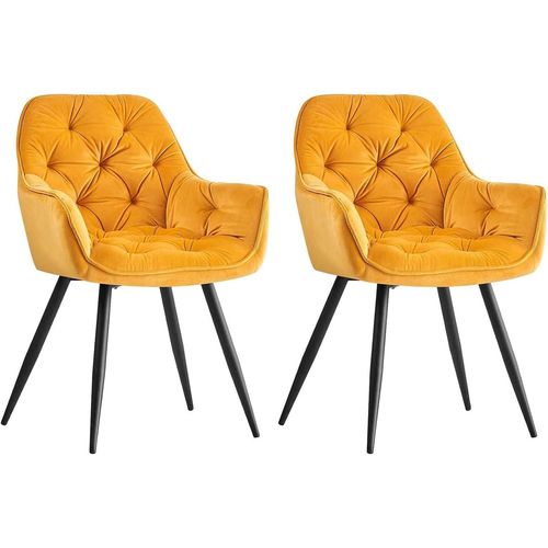 Lot De 2 Chaise De Salle À Manger Fauteuil, Siège En Velours Chaise De Salon, L'assise Rembourré Avec Dossier Tissu, Pieds En Métal Noir Pour Cuisine, Chambre, Salle À Manger,Jaune