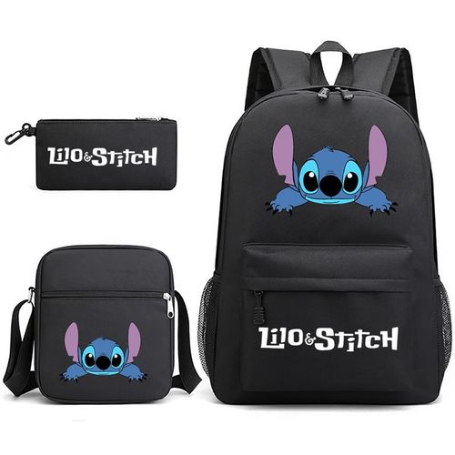 Sac en toile dessin animé Stitch, cartable pour garçons et filles, sac de rangement grande capacité, sac à dos Stitch trois pièces (sac à dos, trousse et besace),Noir
