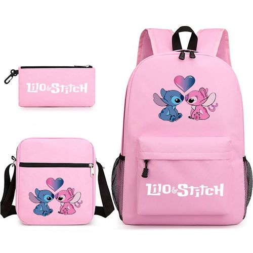 Sac en toile dessin animé Stitch, cartable pour garçons et filles, sac de rangement grande capacité, sac à dos Stitch trois pièces (sac à dos, trousse et besace),Rose