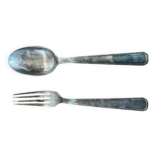 Ancien Couvert Fourchette Amp Cuillre Metal Argent  Boite Parure Vintage B337 Argent