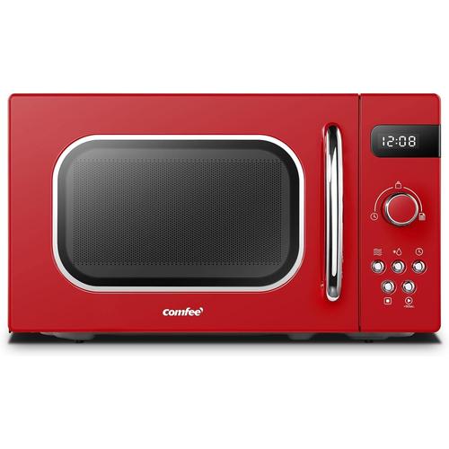 COMFEE Micro-ondes Rétro CMSRO 20di rd avec 8 Renus Rutomatiques, 5 Niveaux de Puissance de Cuisson, Bouton de Cuisson Express, 20 L, 800 W, Rouge Passion