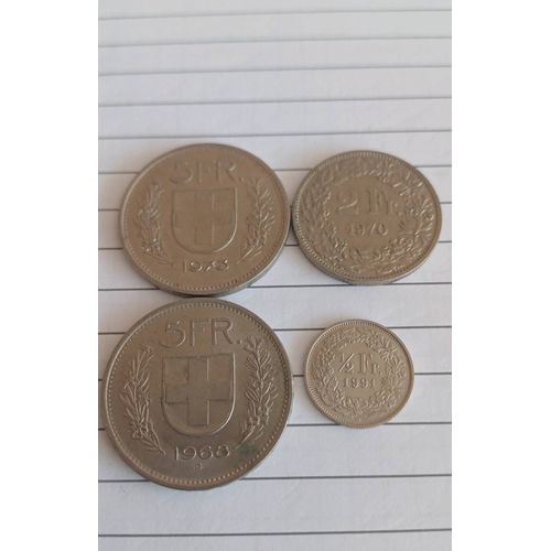 Lot De 4 Pièces Francs Suisse. 2 Pièces De 5 Francs (Une De 1968 Et L'autre De 1973). Une Pièce De 2 Francs 1970. Une Pièce De 1/2 Francs 1991.