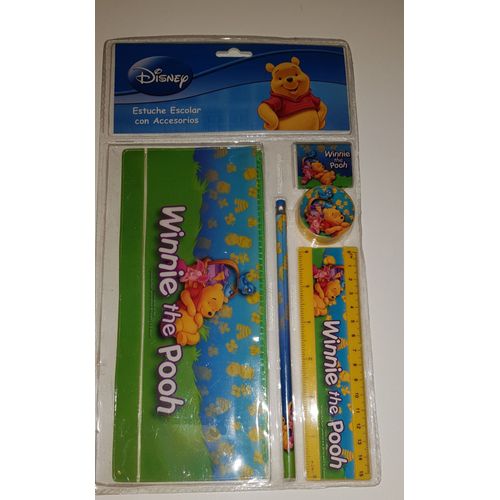 Fournitures Scolaire / Winnie L'ourson / Disney / Set De 5 Fournitures / Trousse + Gomme + Règle + Crayon De Papier + Taille Crayon