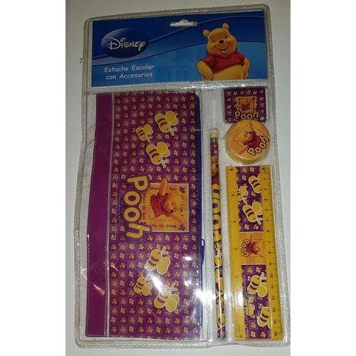 Fournitures Scolaire / Winnie L'ourson / Disney / Set De 5 Fournitures / Trousse + Gomme + Règle + Crayon De Papier + Taille Crayon