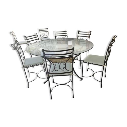 Lot Table En Verre Et 10 Chaises En Fer Forg Transparent