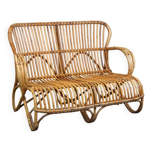 Canap 2 Places Vintage En Rotin Belse 8 Design Hollandais 1950 Beige
