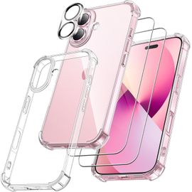 Coque Pour Iphone 16 Plus - 2 Films Verre Trempé 2 Verres Caméra Coque Silicone Gel Bords Renforcés - Transparent
