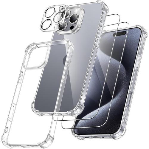 Coque Pour Iphone 16 Pro Max - 2 Films Verre Trempé 2 Verres Caméra Coque Silicone Gel Bords Renforcés - Transparent