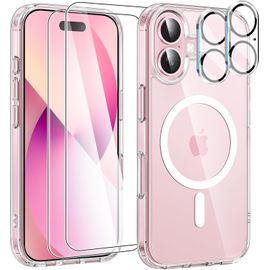 Coque Pour Iphone 16 Plus - 2x Vitre Verre Trempe + 2x Protège Caméra Silicone Compatible Magsafe Clear