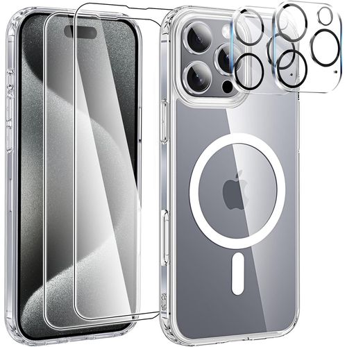 Coque Pour Iphone 16 Pro Max - 2x Vitre Verre Trempe + 2x Protège Caméra Silicone Compatible Magsafe Clear