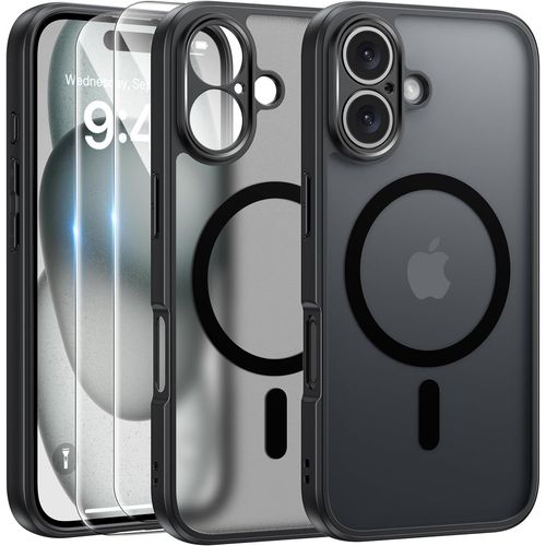 Coque Pour Iphone 16 - 2x Vitre Verre Trempe Silicone Compatible Magsafe Full Camera Noir