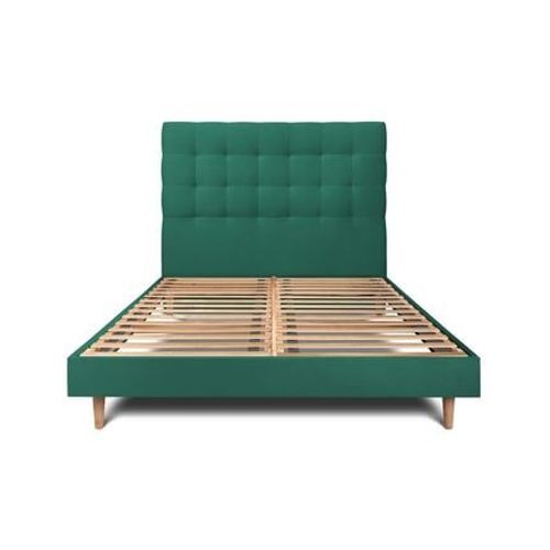 Lit 135x190cm Avec Tête De Lit Capitonnee Velours Et Sommier Kit Vert - Hauteur Totale : 29cm