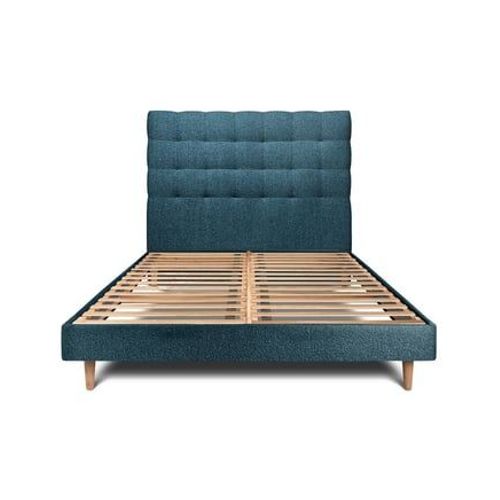 Lit 150x200cm Avec Tête De Lit Capitonnee Bouclette Et Sommier Kit Bleu - Hauteur Totale : 29cm