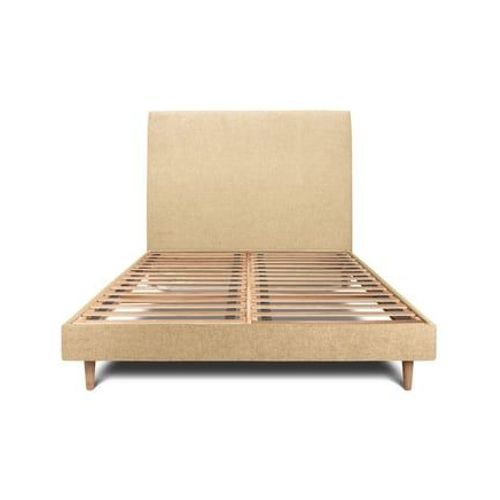 Lit 150x190cm Avec Tête De Lit Tapissier Tissu Et Sommier Kit Jaune - Hauteur Totale : 29cm