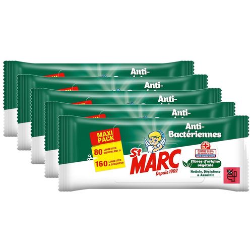 ST MARC Lot de 5 Lingettes Nettoyantes et Désinfectantes Antibactériennes - 80 lingettes