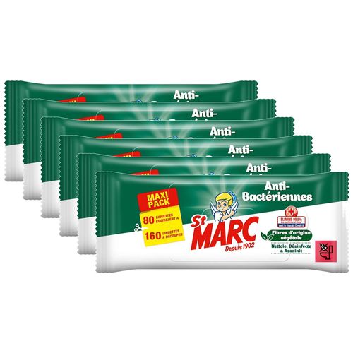 ST MARC Lot de 6 Lingettes Nettoyantes et Désinfectantes Antibactériennes - 80 lingettes