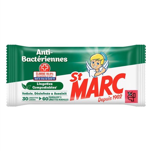 ST MARC Sachet de 30 lingettes Extra larges = 60 normales Compostables Anti-Bactériennes