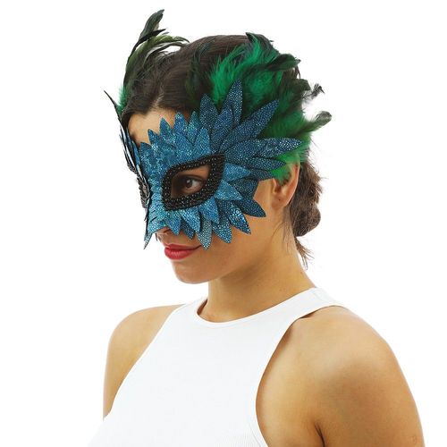 Masque Loup Plume Vert Écaille Irisé Bleu Adulte
