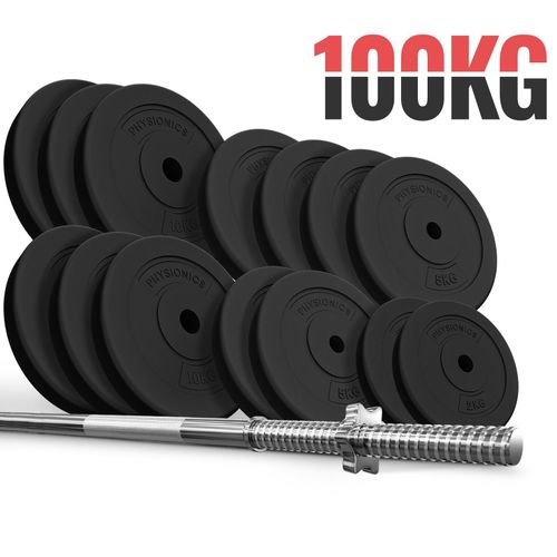 Physionics® Barre D'haltère Longue Avec Disques De Poids - Barre (180 Cm, Acier Chromé, 2 Fermoirs, Max. 300 Kg) Avec Disques De Poids (Set 100 Kg, Ø 31 Mm) - Gym, Fitness,...