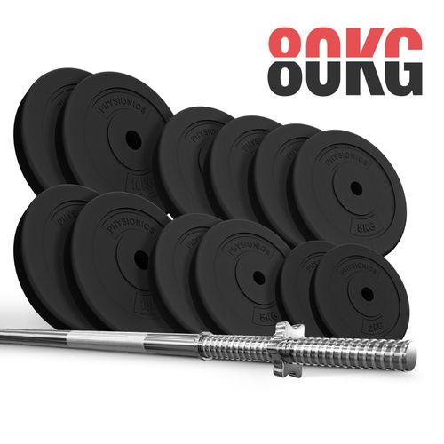 Physionics® Barre D'haltère Longue Avec Disques De Poids - Barre (165cm, Fermoirs, Max. 300kg) Avec Disques 80 Kg, Ø 31 Mm - Fitness