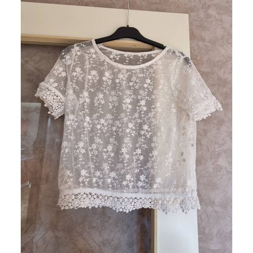 Top Blouse Blanc Transparent Dentelle Manche Courte Taille 38
