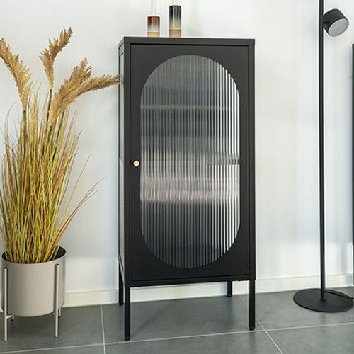 Buffet 1 Porte 50x35x110 Cm En Verre Et Métal Noir