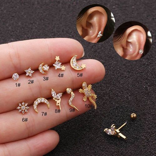Boucles D'oreilles En Acier Inoxydable, Tige Fine, Vis, Cartilage En Zircon, Gecko, Lézard, Cristal, Serpent, Piercing, Bijoux Pour Filles