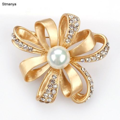 Broche En Alliage De Cristal, Couleur Or Argent, Rose, Perle, Fleur, En Forme De Ruban, Cape, Châle, Boucle, Broche, Bijou De Fête H1046