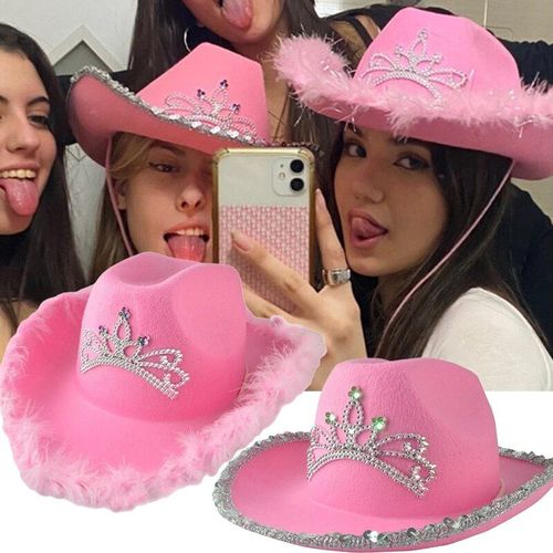 Chapeaux De Cowboy Rose Diadème Style Occidental Pour Femmes, Casquettes Fedora Roulées, Bord De Plume, Chapeau De Cowboy De Plage À Paillettes, Casquette De Fête Occidentale