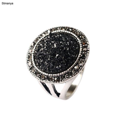 Hot 2017 Mode Noir Cassé Pierre Accessoires Bague Pour Femmes Bohême Argent Plaqué Bijoux En Direct À Monter Bagues De Fiançailles 31004