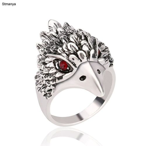 Hommes Anneaux-Chaude Punk Bague Nouvelle Mode Tête D'aigle Plaqué Argent Vintage Bijoux Incrustés De Cristal Noir Anneaux Bijoux 31008