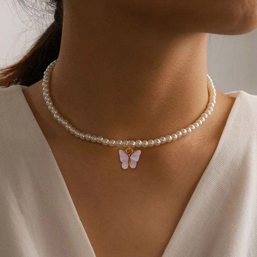 Collier Imitation Perle Pour Filles, N¿Ud Papillon Opale, Chaîne De Clavicule Classique À La Mode N1409