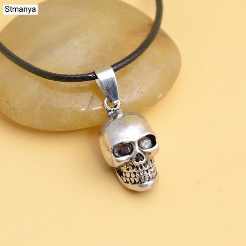 Bijoux En Cuir Noir Pour Hommes Et Femmes, Pendentif Tête De Mort, Couleur Argent, Chaîne, Cadeau, 2 Pièces/Lot, 19074