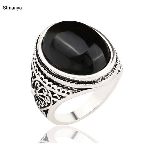 Bagues Pour Hommes, Couleur Argent Plaqué, Bijoux Vintage, Grosse Pierre Noire, Cadeau, Offre Spéciale, 20036