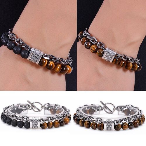 Bracelet En Pierre Naturelle Pour Hommes, Chaîne De Poignet En Métal, ¿Il De Tigre Jaune, Pierre Volcanique Perlée, Bijoux De Personnalité, 8mm