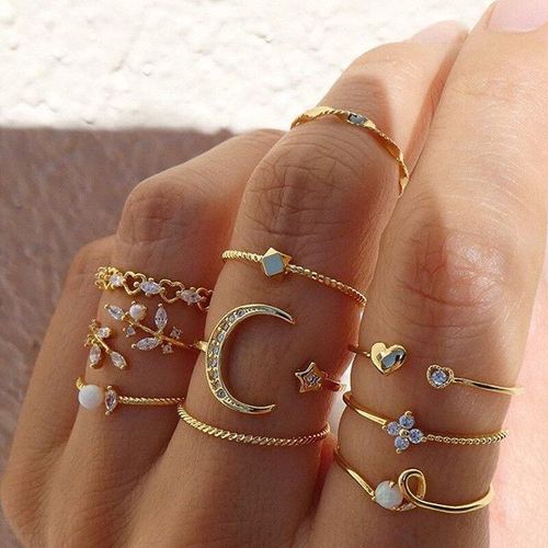 Bague En Cristal Doux, Feuille, Fleur, Lune, Étoile, C¿Ur, Ouverture, Géométrique, Or, Imitation Perle, Bijoux, 10 Pièces/Ensemble