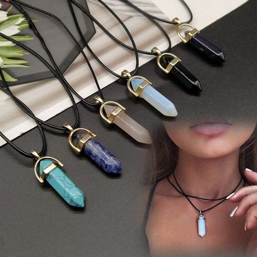 Collier Ras Du Cou En Cuir Pu Noir Pour Femmes, Naturel, Cristal, Hexagone, Pierres Chakra Pointues, Pendentif