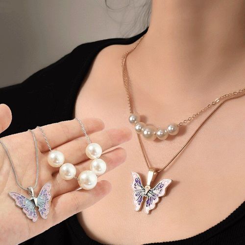 Collier De Papillon À Huile Féerique Pour Femmes, Double Ras Du Cou, Chaîne En Or, Perle, Bijoux De Fête, Cadeau