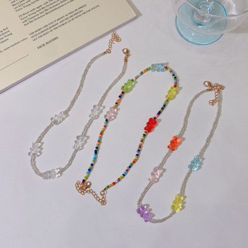 Collier De Perles En Cristal Zircon Pour Femmes Et Filles, Mignon, Couleur Bonbon, Résine, Ours Arc-En-Ciel, Bijoux